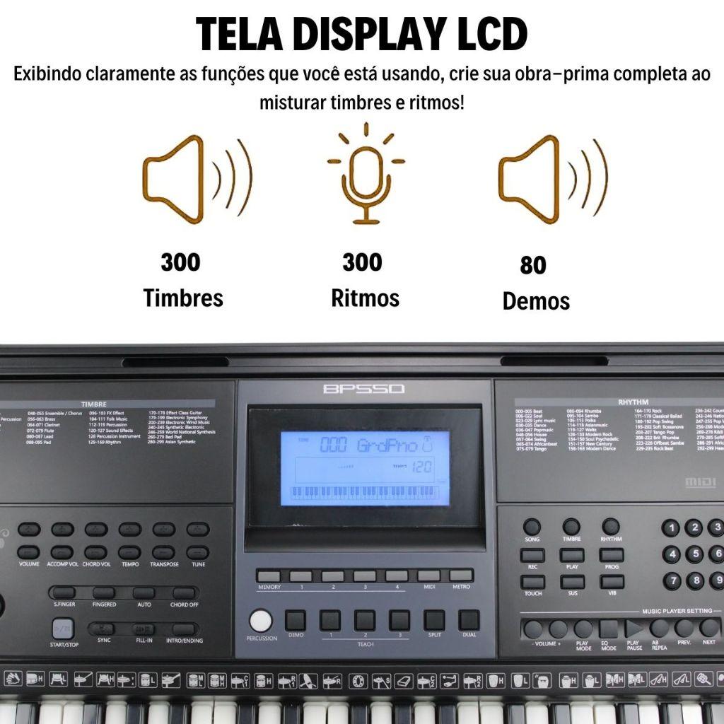 Kit Teclado Musical Bravo Bp550 61 Teclas Sensitivas + Capa Suporte Pedal