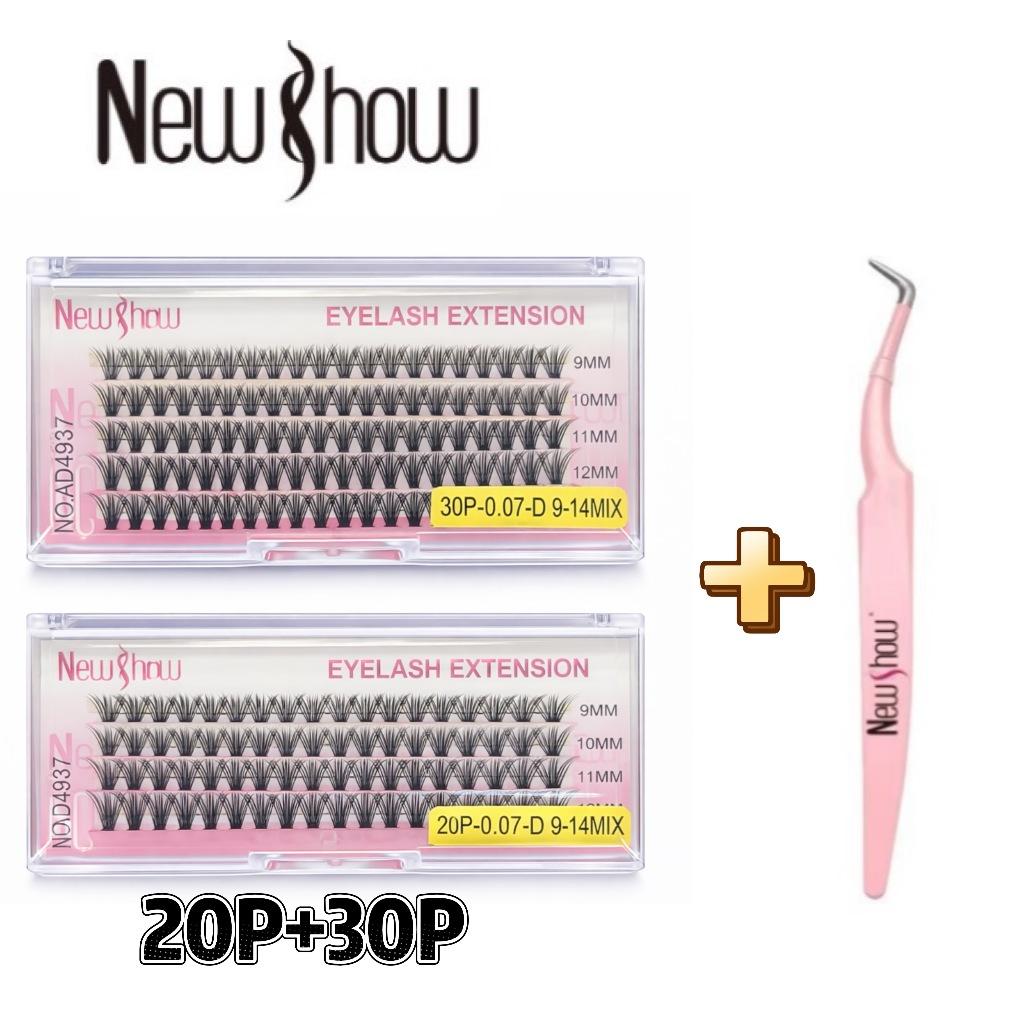 New Show Kit Cílios Postiços 20p+30p Com Pinça -tufos Sem Nó Extensão De Cilios Alongamento/pacote