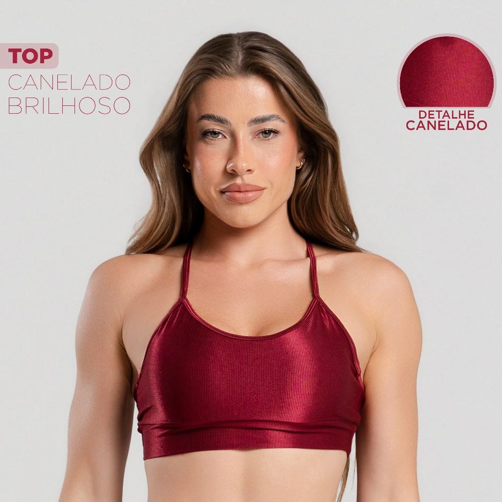 Top Fitness Feminino Alcinha Trilobal Canelado Brilhoso Confortável Academia