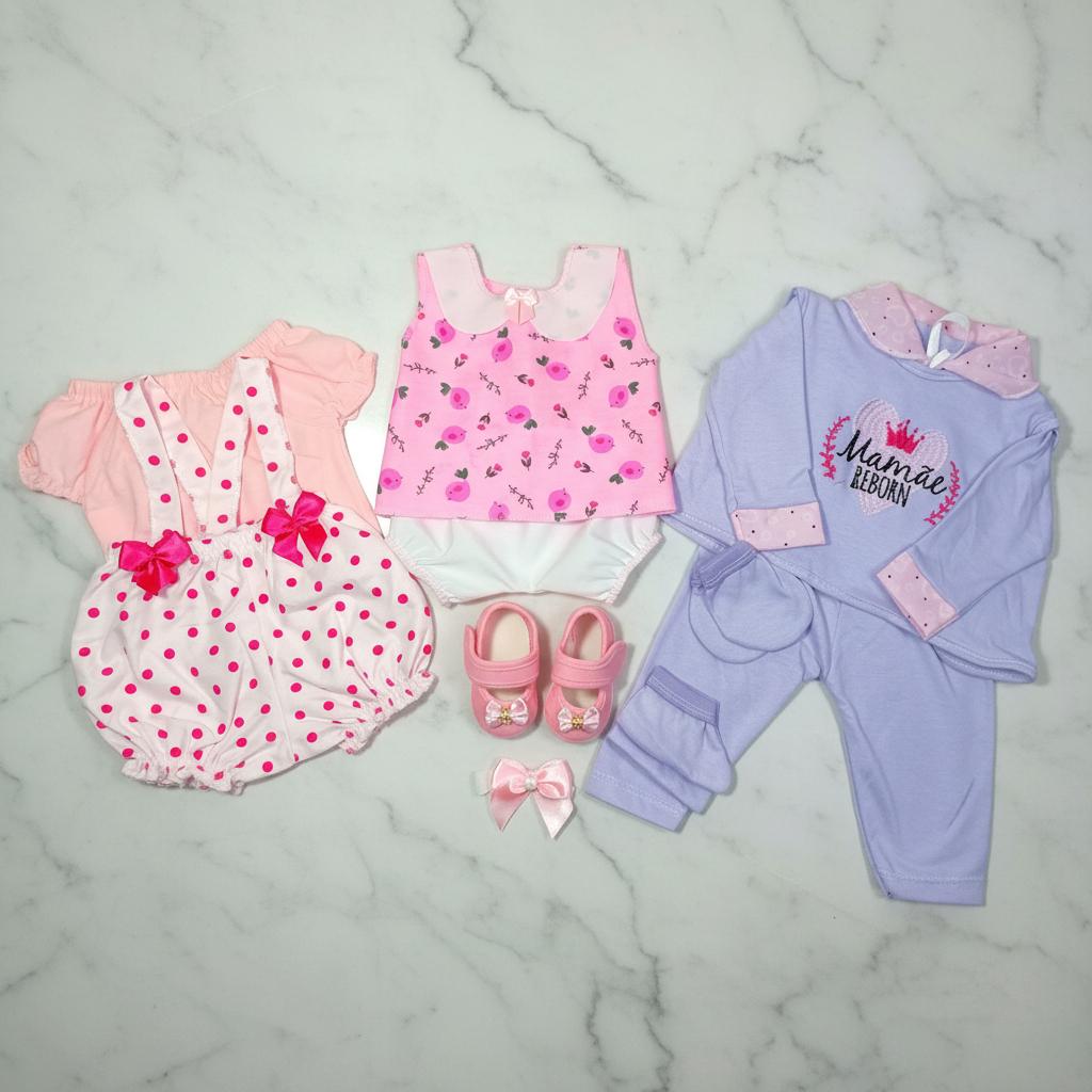 Kit Roupinha Bebê Reborn 2 Jardineiras + Pijama 5 Peças + Tiara + Sapatinho - Veste De 45 A 50cm