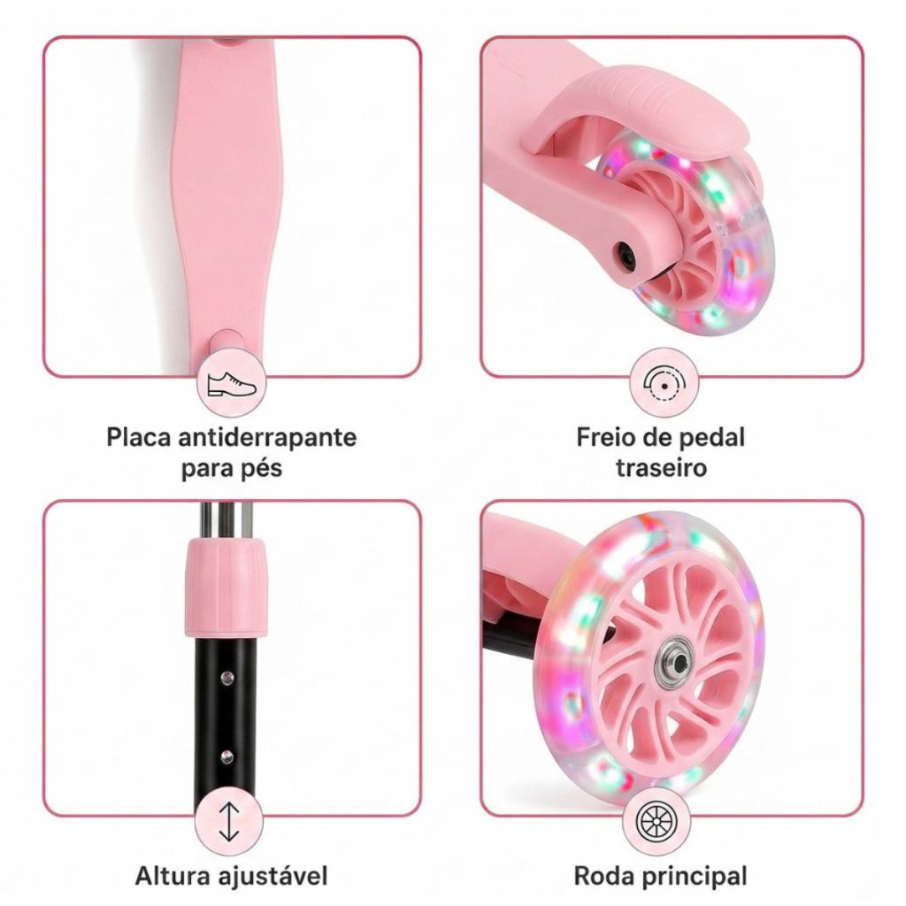 Patinete Dobrável Rosa Infantil 3 Rodas Com LED - Castela