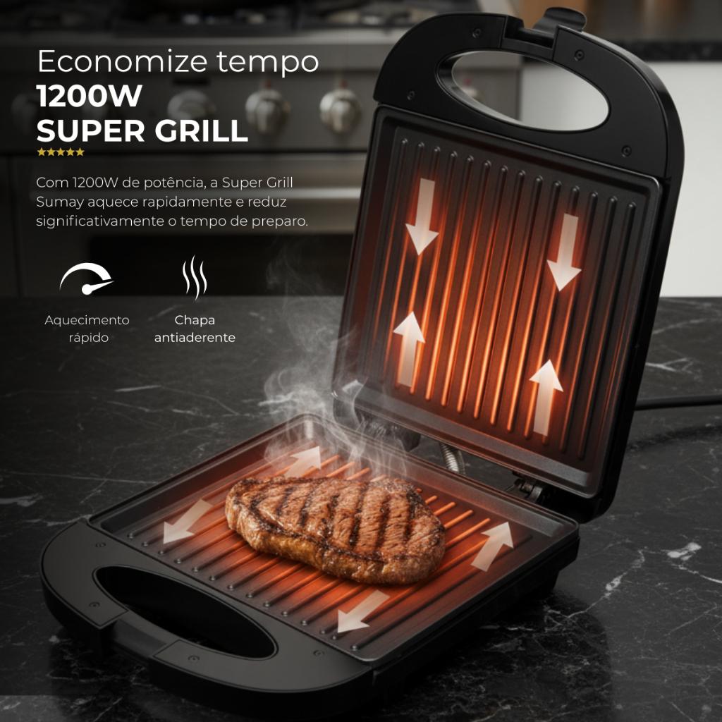 Sanduicheira Grill Elétrica Sumay 1200w Preto Para 4 Sanduíches Com Chapa Grande 220V E 127v E Desempenho Impecável