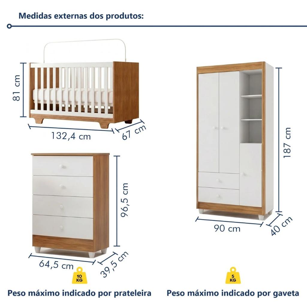 Quarto De Bebê Completo 100 Mdf Cômoda Berço E Guarda Roupa Nina Branco/amadeirado