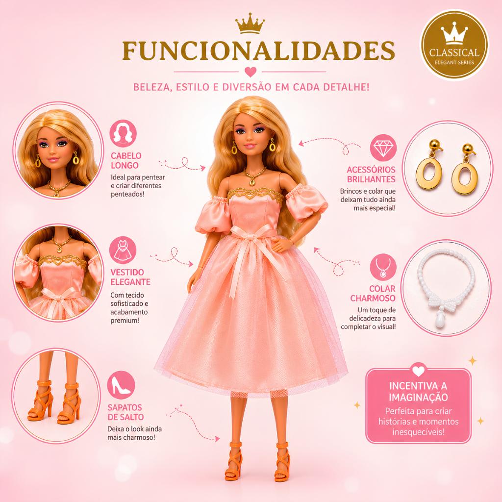 Boneca Anlily Coleção Vestido De Festa Rosa Articulada Acessórios - Castela