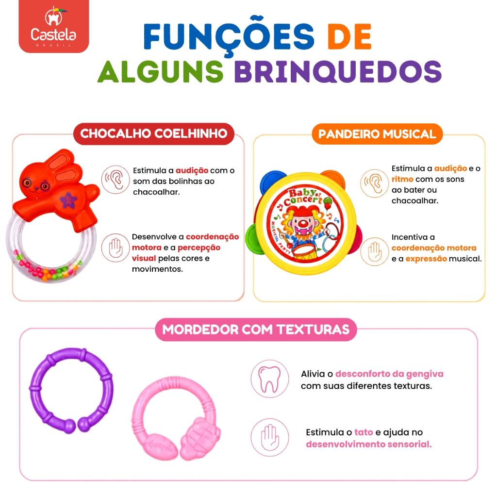 Brinquedo Infantil Kit 4 Peças Chocalhos E Mordedores Castela