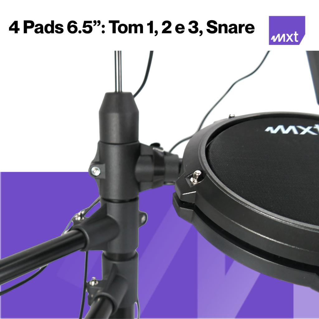 Bateria Eletrônica Mxt Md200c 4 Pads 3 Pratos USB Midi 165 Timbres 15 Kits 30 Músicas E Metrônomo