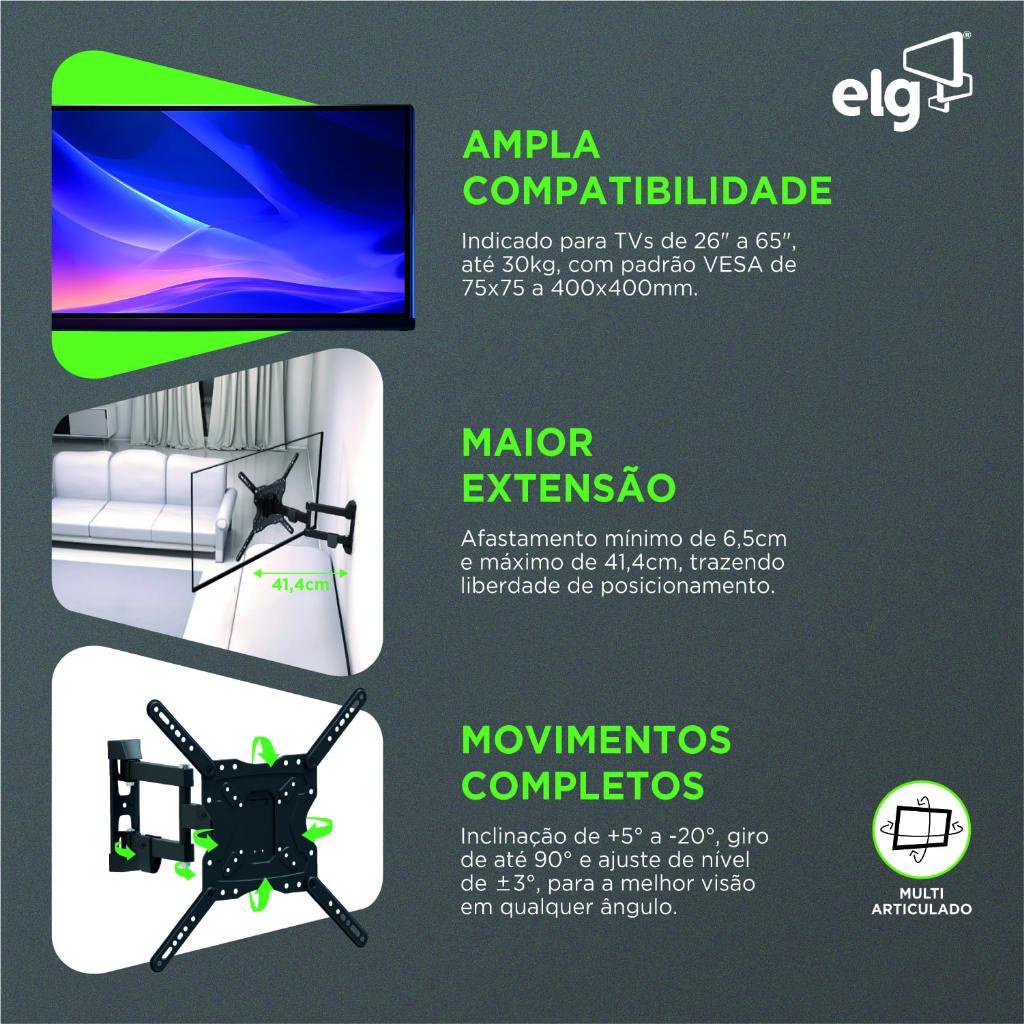 Suporte Articulado Para TV 26 A 65 Polegadas Até 30kg Vesa 400x400 Braço Longo Elg Full40_pro