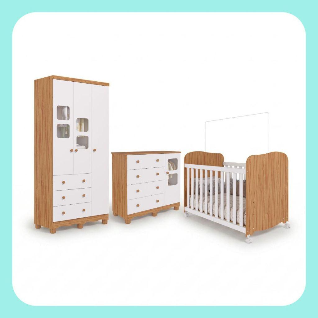 Quarto De Bebê Completo Com Guarda Roupa 3 Portas Berço Americano Cômoda Uli 4 Gavetas 100 Mdf