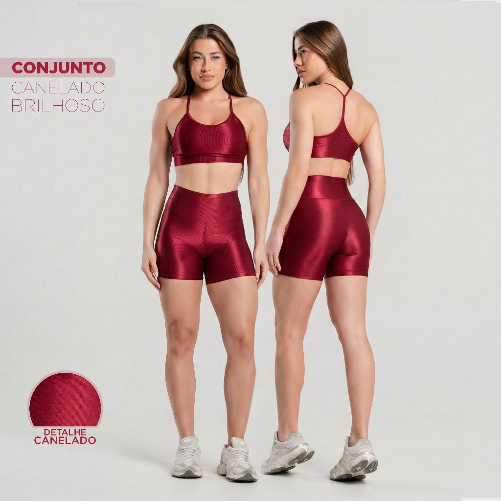 Conjunto Fitness Feminino Trilobal Canelado Top Alcinha + Short Brilhoso Cós Alto Premium Academia