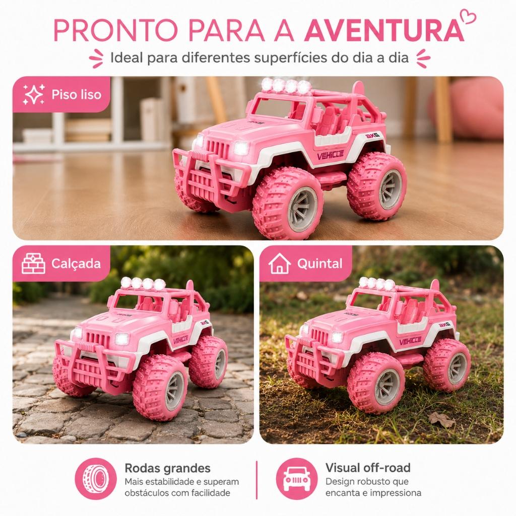Carrinho Controle Remoto Jipe Rosa Recarregável Bateria Off Road Jeep Kizumba