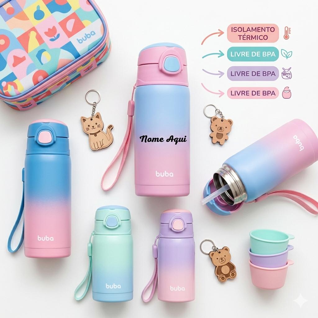 Garrafa Térmica Buba Infantil Inox 400ml Com Canudo Personalizado Com Nome