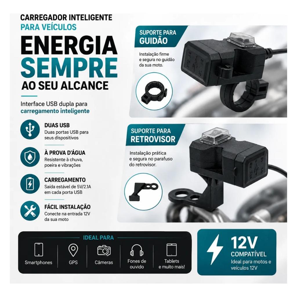 Carregador De Guiador De Moto À Prova D Água 12v-24 Fonte De Alimentação USB Dupla P/Telefone Móvel