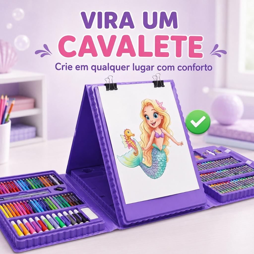 Kit Estojo Maleta De Pintura Infantil Sereia 208 Peças Completo Colorir Escolar Criança Kizumba