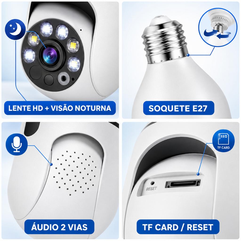 Câmera Segurança Wi-fi Ip Sem Fio V360 Encaixe Lampada Aplicativo Ptz Full HD Visão Noturna
