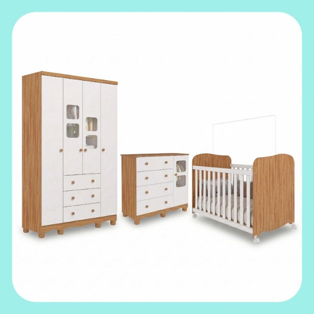 Quarto De Bebê Completo Guarda Roupa 4 Portas 3 Gavetas Berço Americano Cômoda Uli 1 Porta