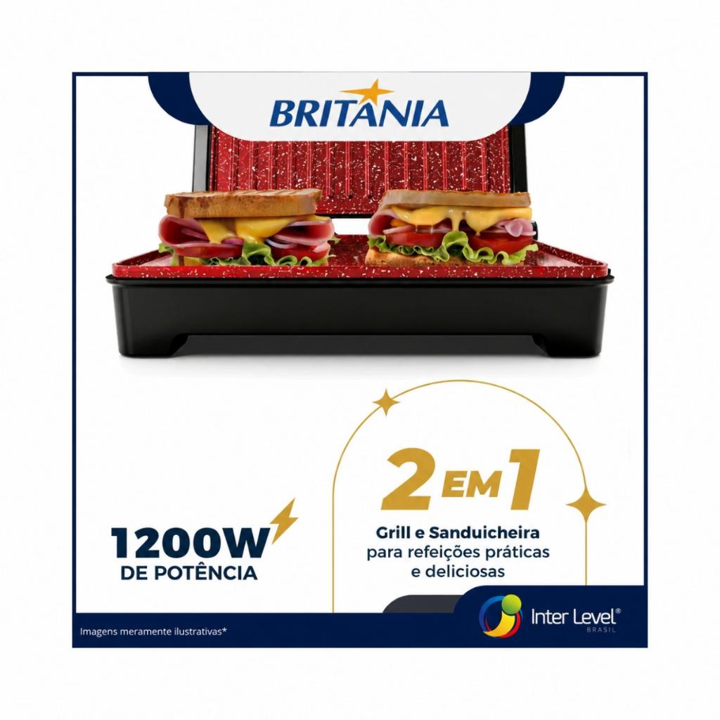 Grill E Sanduicheira 2 Em 1 Bgr28a 1200w Acabamento Em Inox Com Abertura 180º Britânia