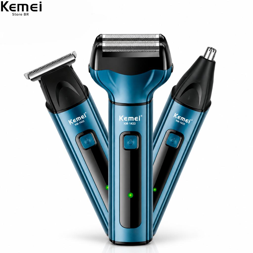 Barbeador Elétrico 3 Em 1 Profissional Kemei 1433 Bivolt 110v 220v Portátil Sem Fio Km