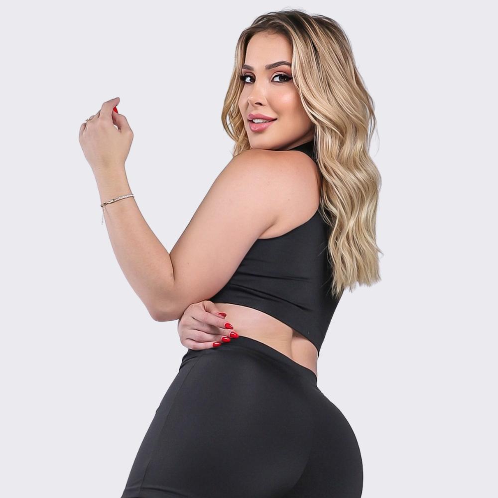 Conjunto Academia Fitness Top Grace Golinha + Short Basic Preto Corrida Yoga Aqn Sport