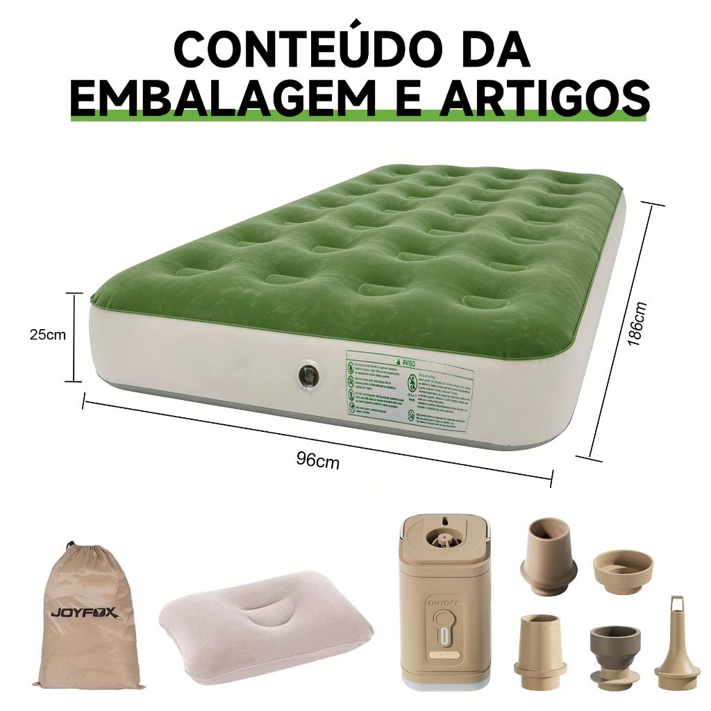 Colchão Inflável Suporta 300kg Solteiro Aveludado Com Bomba Elétrica Bateria E 1 Travesseiros - Verde/branco