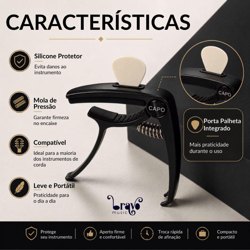 Capotraste Braçadeira Bravo Ba112 Para Violão Guitarra Ukulele Zinco Metal Mola Com Porta Palheta Cor Preto