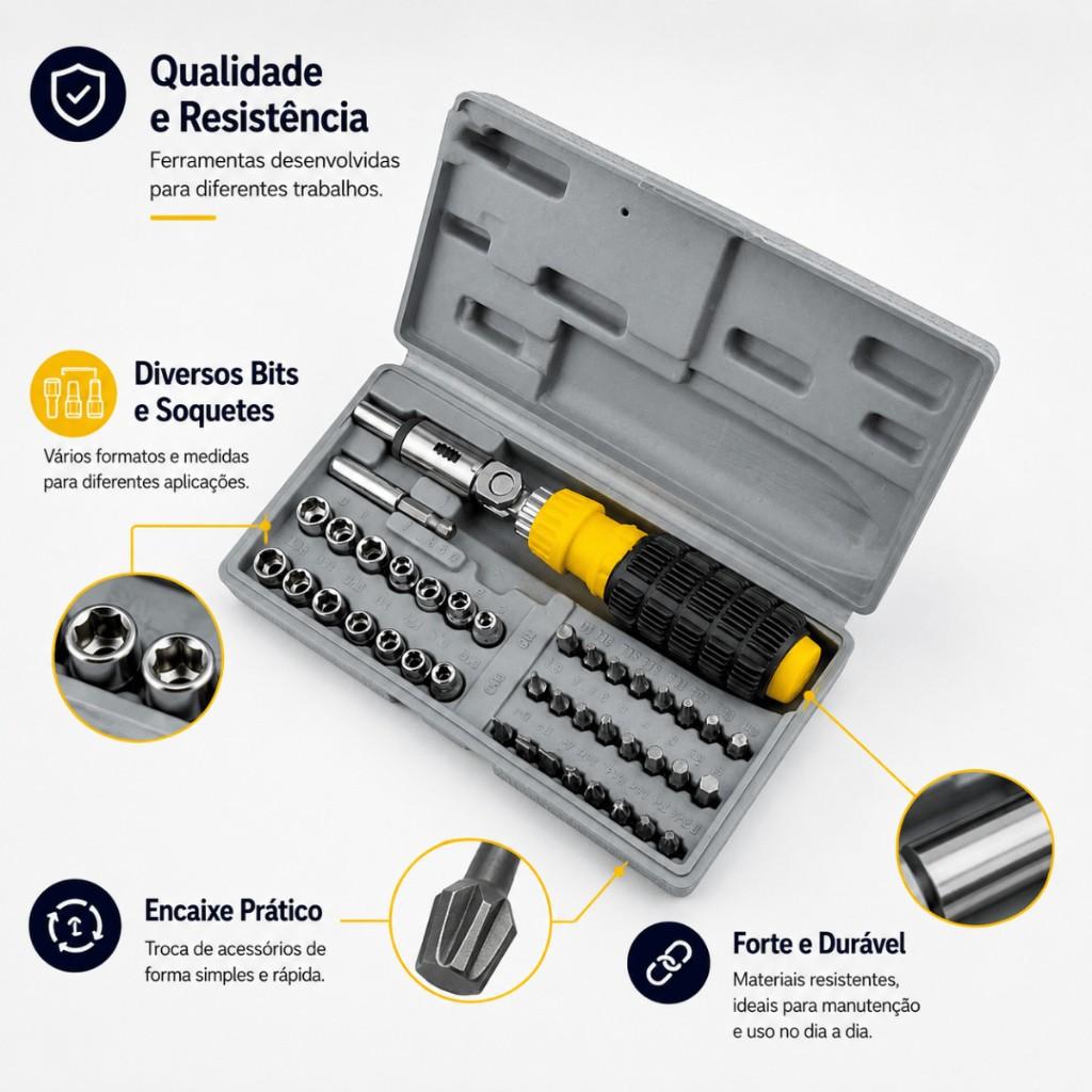 Jogo Chave De Impacto Manual 38 Peças Com Bits Torx E Soquetes Profissional