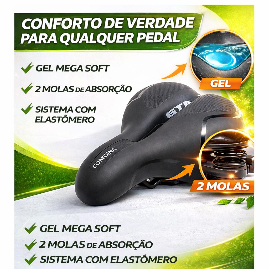 Banco Selim Gel PLUS 2 Molas Gta Largo Com Fita Refletiva Segurança Bicicleta Bike Mtb