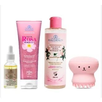 Kit Skincare Sabonete + Água Micelar Rosa Mosqueta + Óleo De Rosa Mosqueta + Esponja