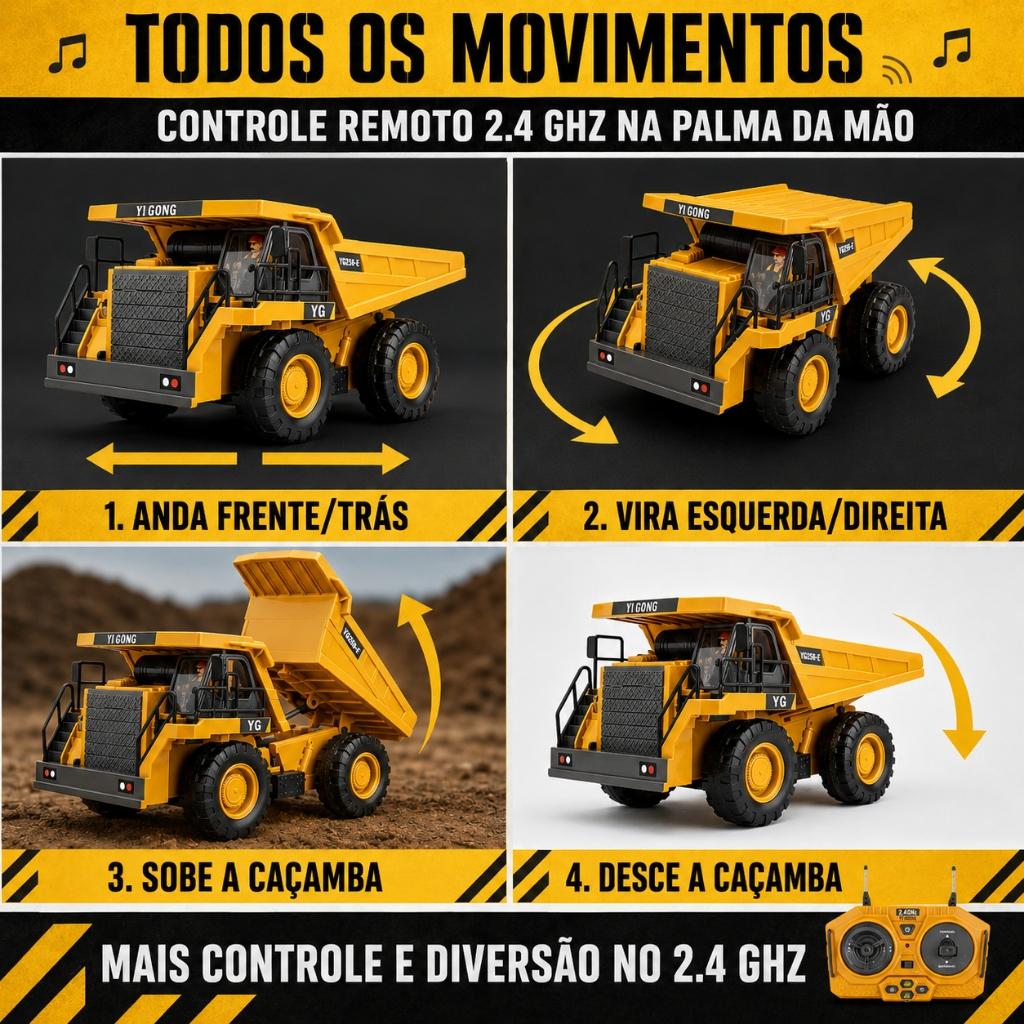 Caminhão Basculante Controle Remoto Com Bateria Recarregável Infantil Trator Brinquedo Kizumba