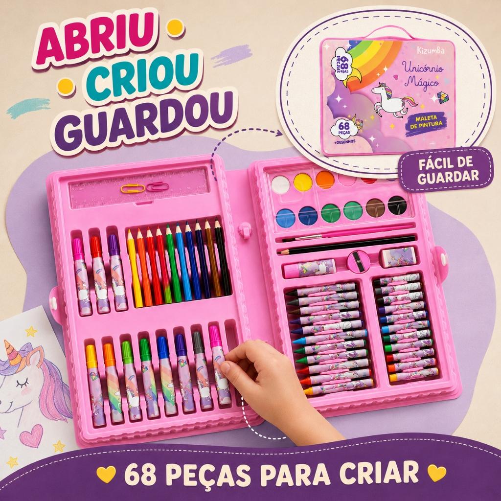 Kit Maleta De Pintura Infantil Unicórnio 68 Peças Estojo Escolar Com Canetinhas Criança Kizumba