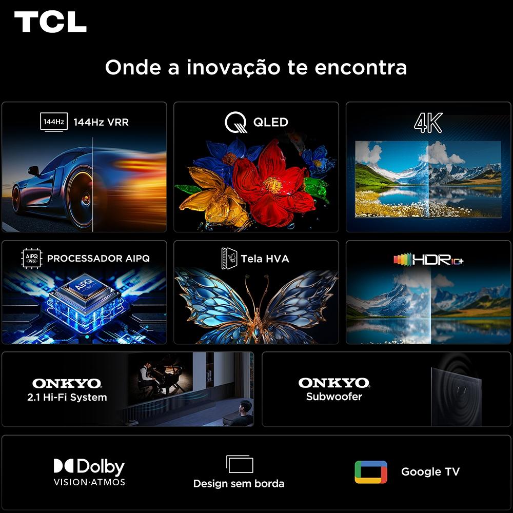 Smart TV Tcl 65 Polegadas Qled 4K P8K Wifi Bluetooth Google TV 144hz Hdr10+ Dolby Atmos Vision 65p8k