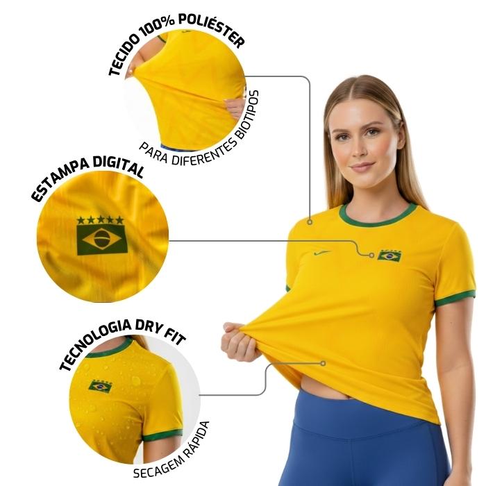 Camisa Brasil Feminina 2026 Torcedor Dry Fit Amarela Futebol Conforto Respirável Dia A Dia