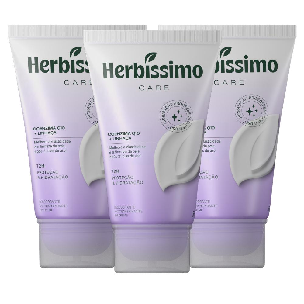 Kit Creme Desodorante Antitranspirante Herbíssimo Bisnaga Care Linhaça E Coenzima Q10 55g (3 Unidades)