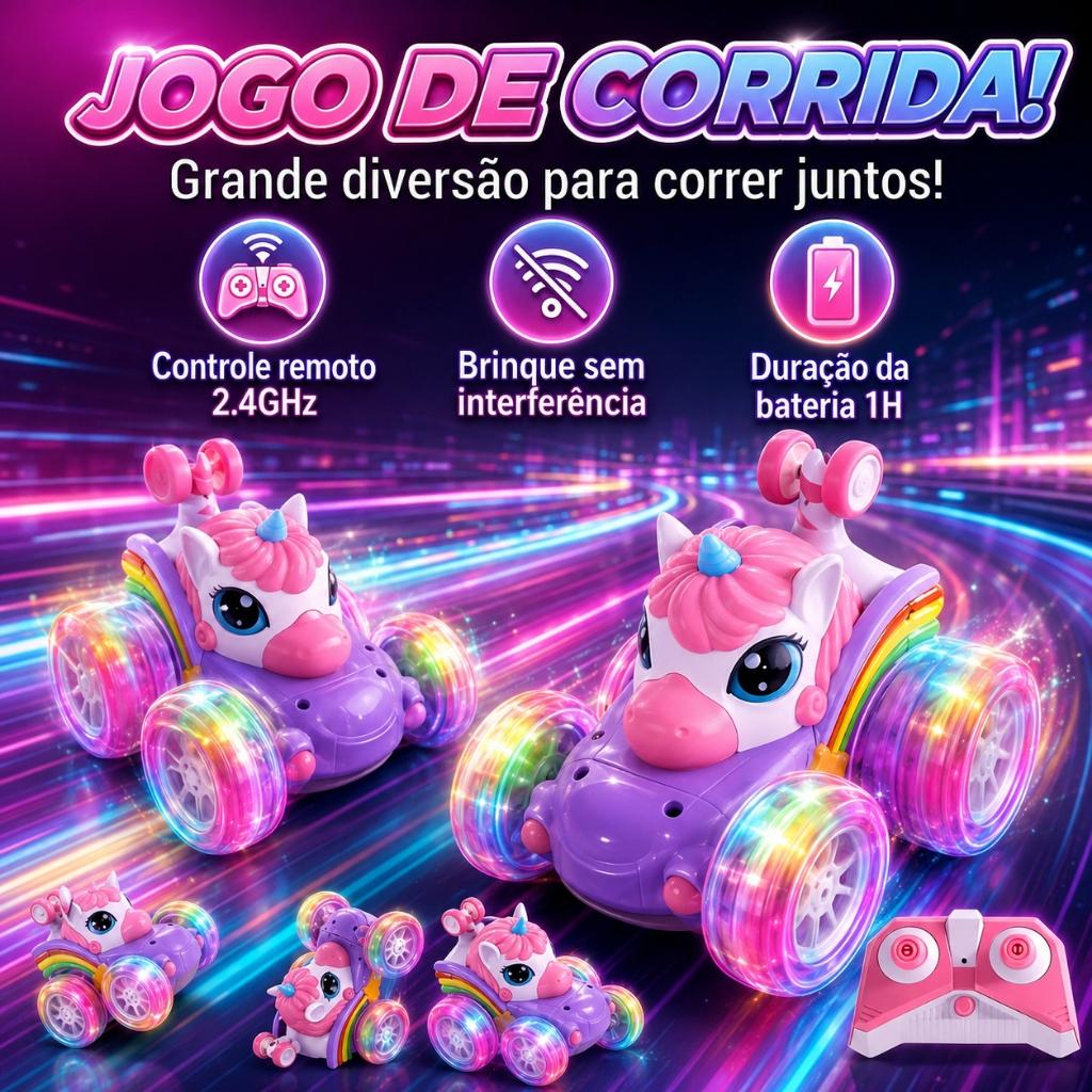 Carrinho Unicórnio Recarregável Com Luzes Coloridas Som Com Controle Remoto Infantil Menina Kizumba