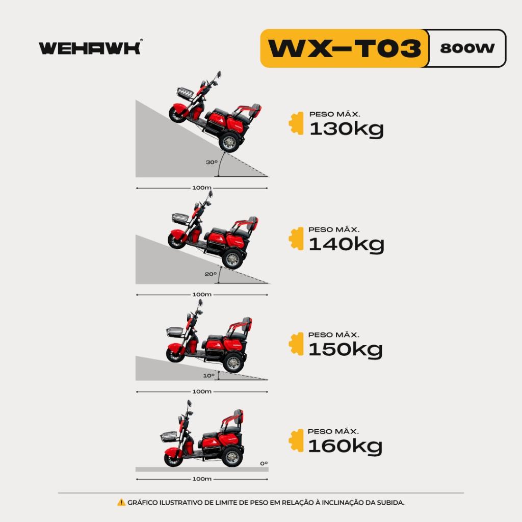 Triciclo Elétrico 3 Lugares Wx-t03 Bateria De Lítio 800W 48V 20ah
