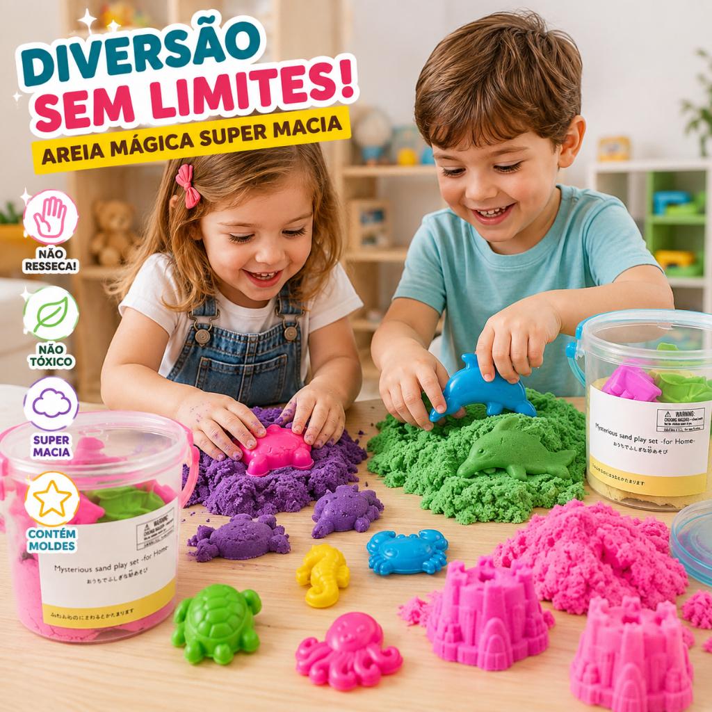 Areia Mágica Cinética Infantil Com Moldes Balde Sensorial Super Macia Brinquedo Educativo