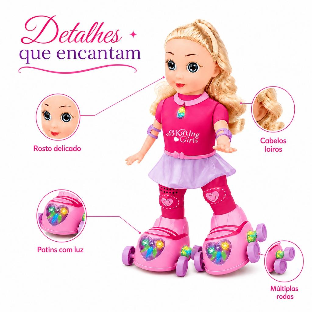 Boneca Patinadora Luz LED Anda Canta Dança Skating Girl Patins Luzes Criança Infantil Menina Kizumba