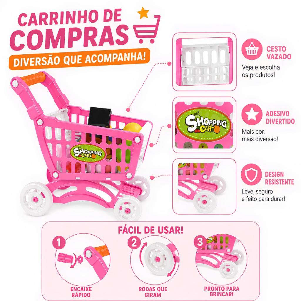Brinquedo Carrinho De Compras Rosa Market Supermercado - Castela
