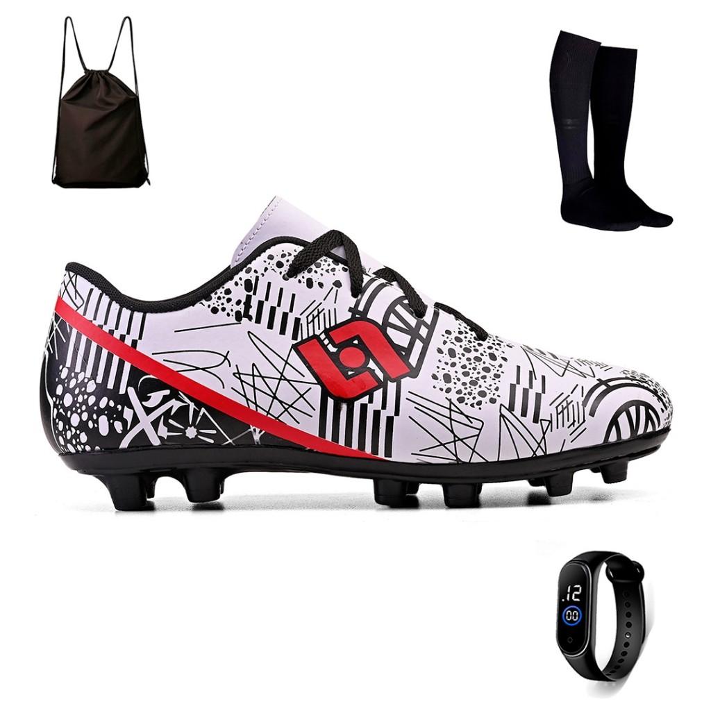 Kit Chuteira Infantil Costurada Futebol Campo Trava Light + Mochila + Meiao E Relogio