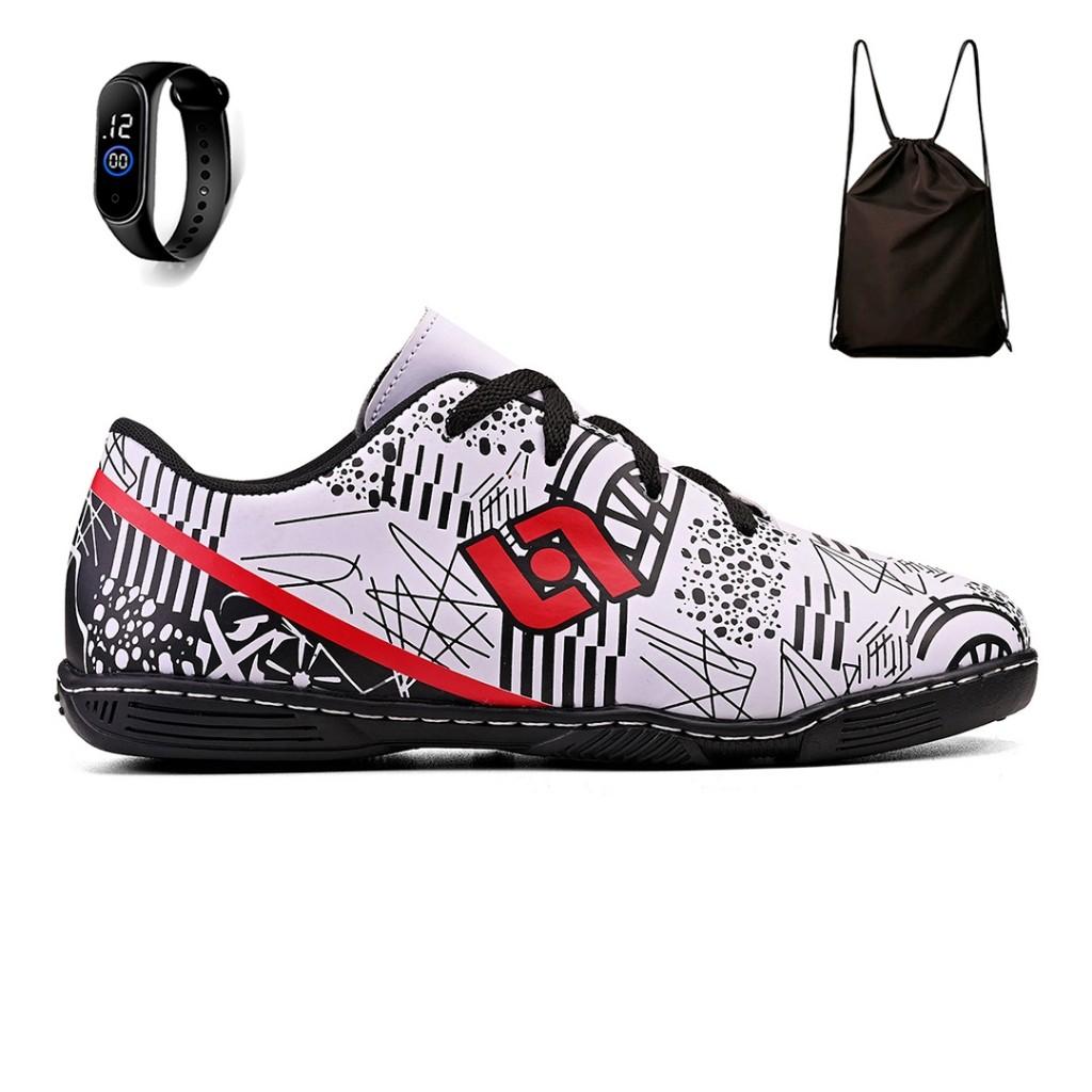Kit Chuteira Infantil Futsal Futebol Salao Quadra Costurada Light + Mochila E Relogio