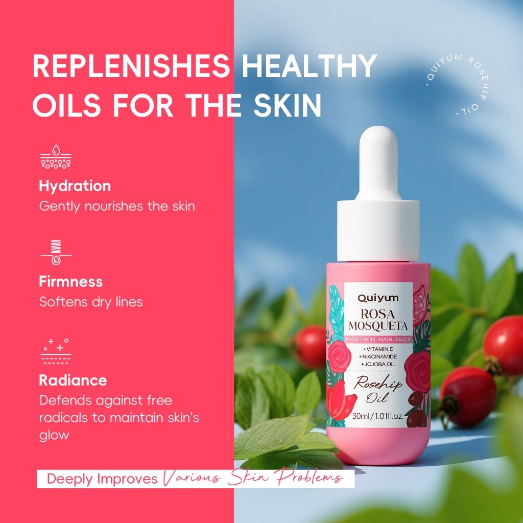Quiyum Óleo De Rosa Mosqueta 30ml - Óleo Facial Natural Hidratante E Reparador Para Pele E Cabelo