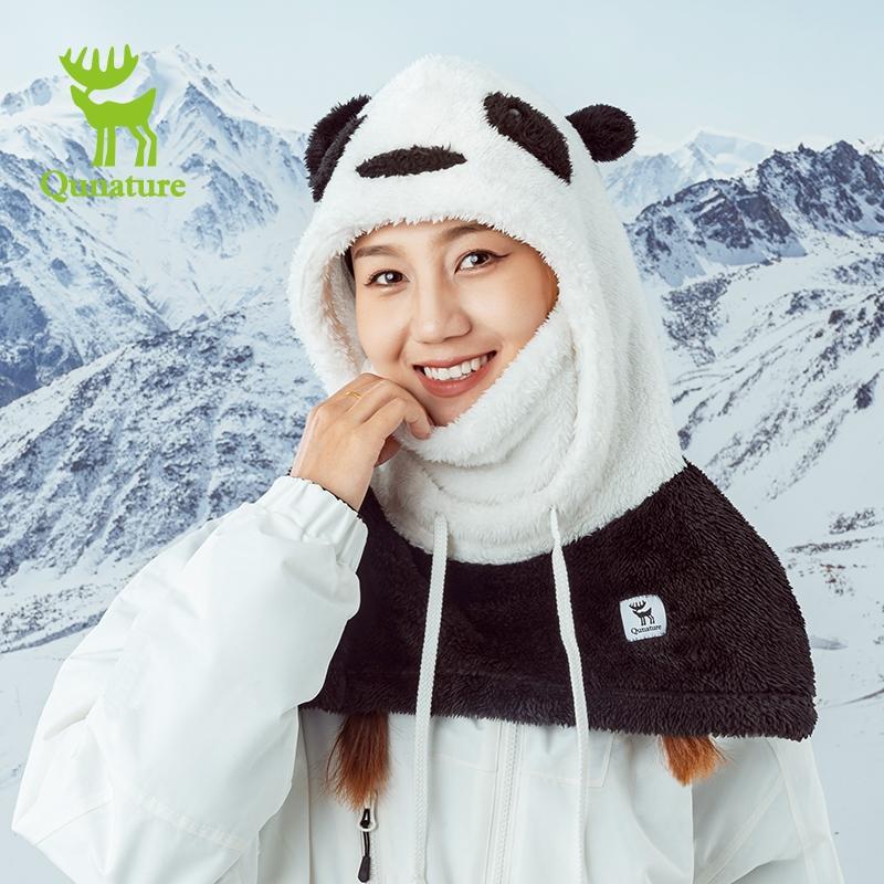 Qunature Pai-filho Panda Headwear Máscara De Armazenamento De Calor Quente Longo Bloqueio De Lã 4-em-1 Esportes Ao Ar Li