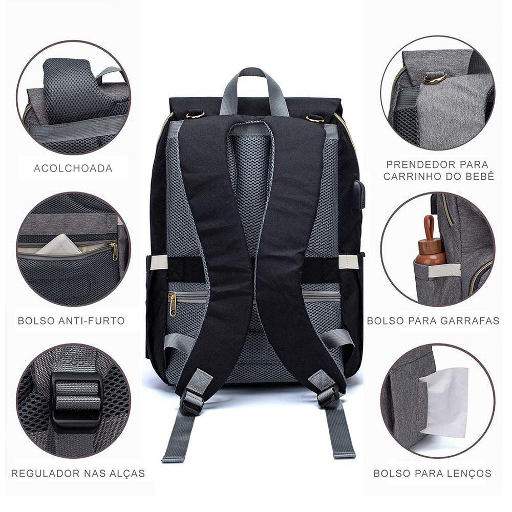 Mochila Preta Bolsa Saída Maternidade Lequeen Bebê Bolso Térmico