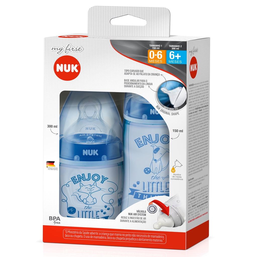Kit 2 Mamadeiras 150/300ml Azul + Bico De Silicone First Choice Líq.grossos