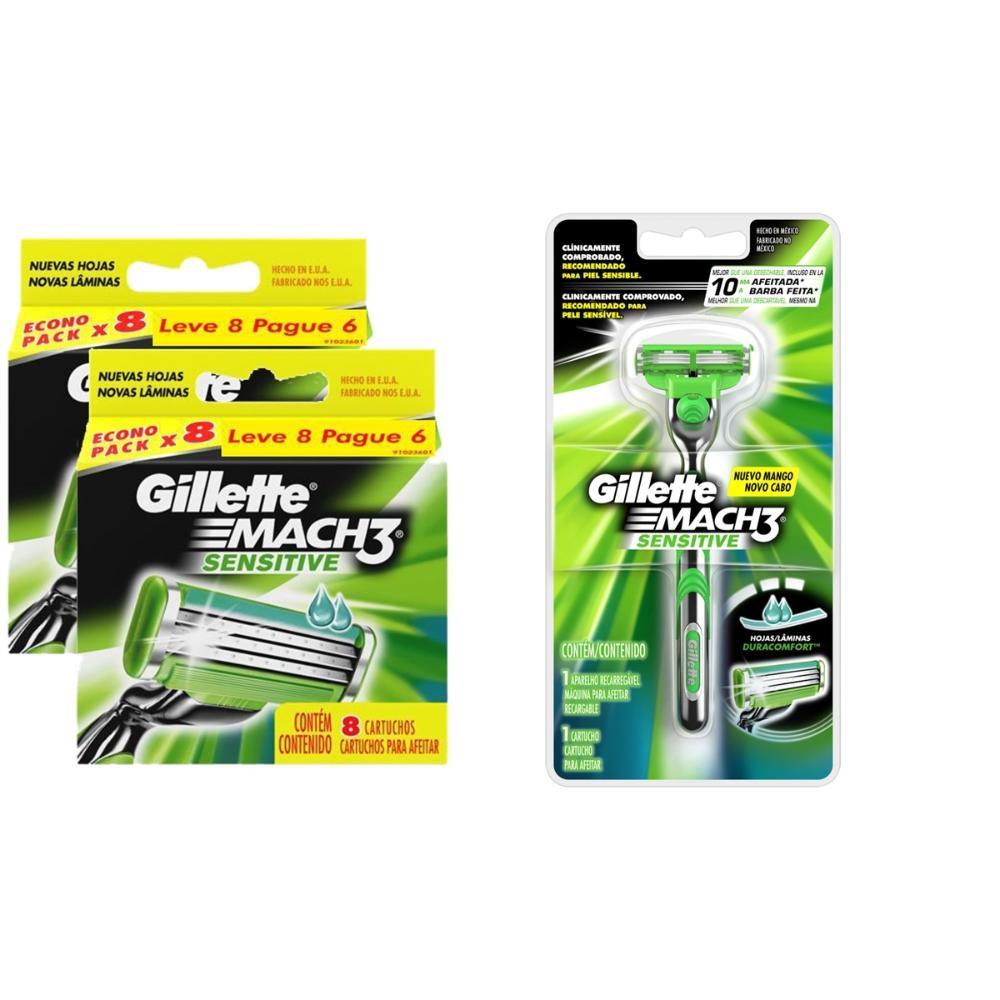 Kit Carga Gillette Mach3 Sensitive Com 16 Unidades + 1 Aparelho De Barbear Gillette Mach3 Sensitive