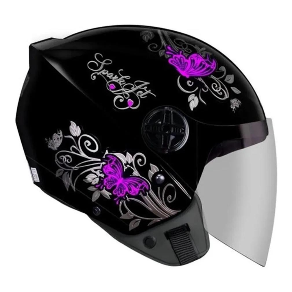 Capacete Aberto Ebf Jet Borboleta Preto E Rosa