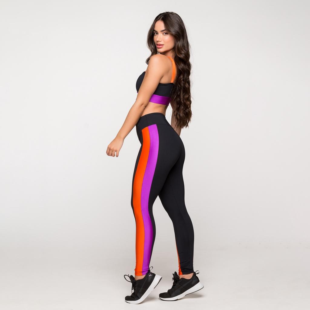 Conjunto Feminino Fitness Academia Poliamida Top E Calça Paris Preto Roxo E Laranja