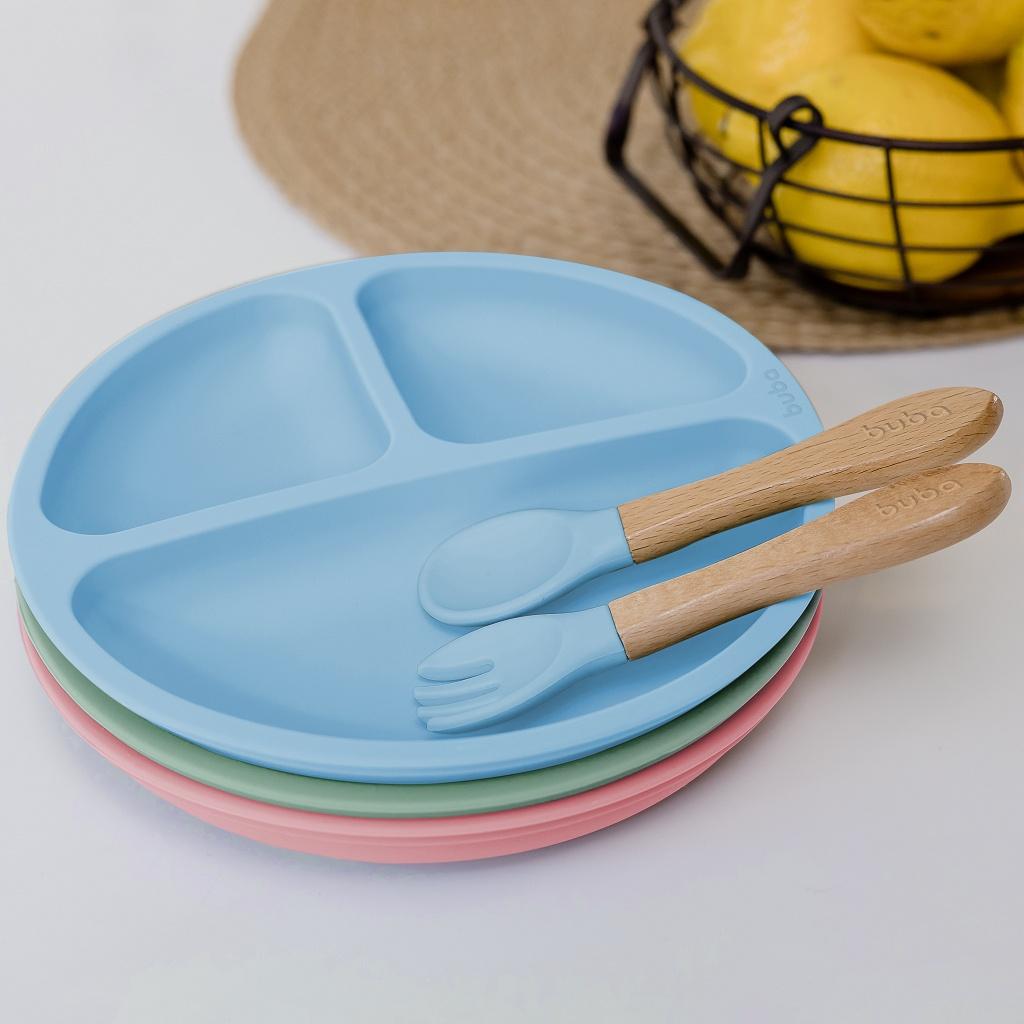 Kit Talheres Azul Infantil De Silicone E Bambu 15825 - Buba