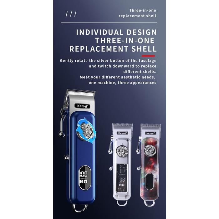 Kemei Professional Fade Clipper Lcd Display Recarregável Máquina De Corte De Cabelo 3 Aparências Diferentes Aparador Sem Fio Homens
