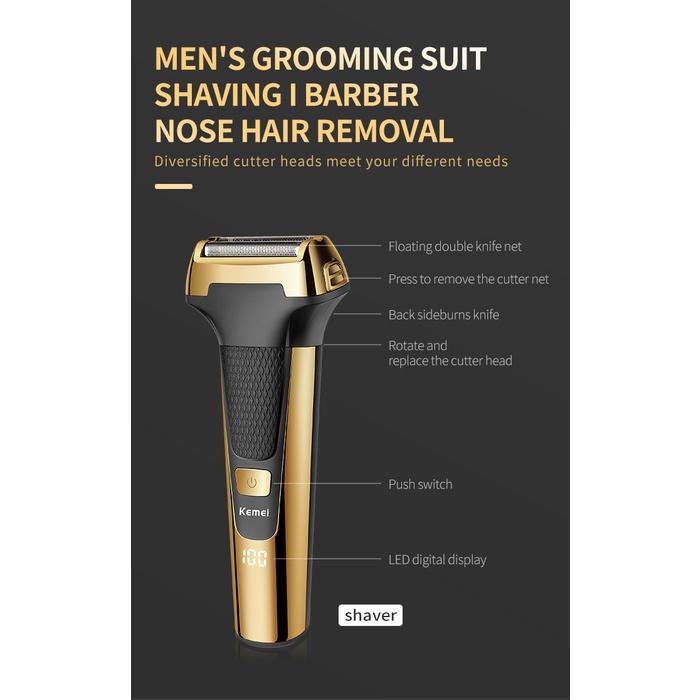 Kemei Multifuncional Homens Barbeador Elétrico De Lâmina De Ouro Orelha De Nariz 3 Em 1 USB Cortador De Cabelo