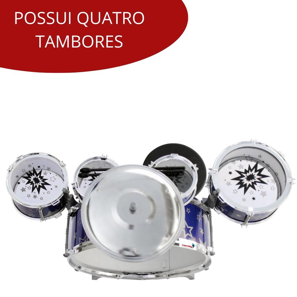 Mini Bateria Musical Infantil Azul Com Banquinho Importway C/Baquetas Para Crianças